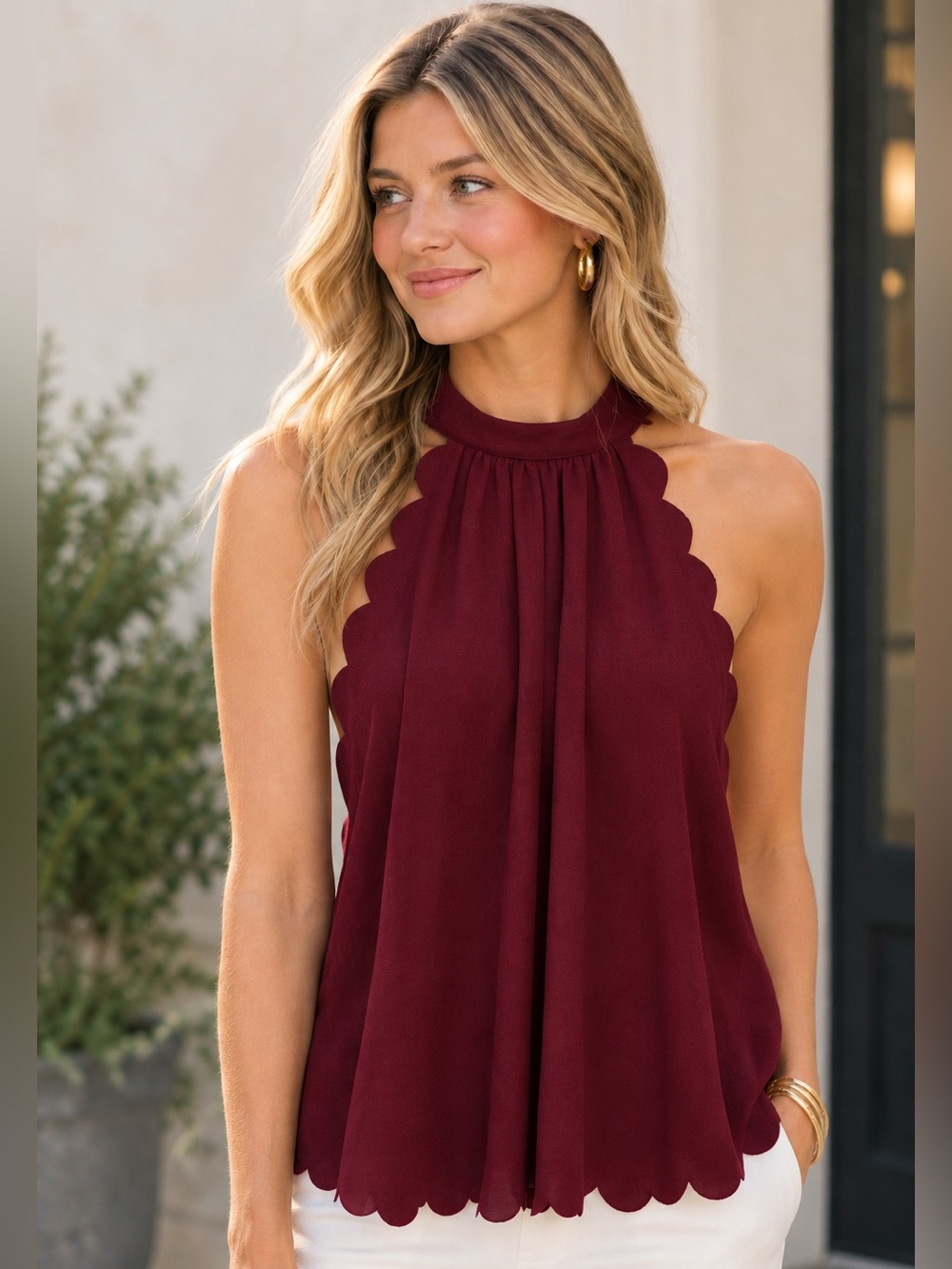 Scalloped Apron Neck Blouse in Burgundy